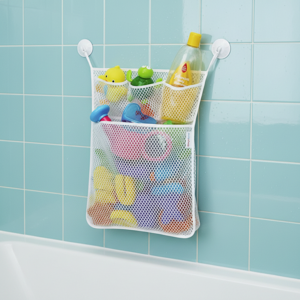 White bath storage net holding toys and a bottle on a teal tiled wall