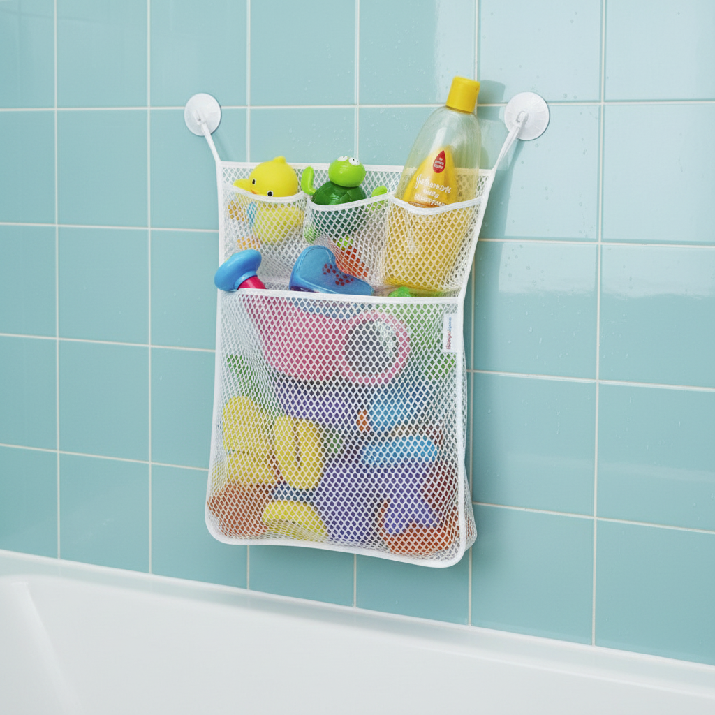 White bath storage net holding toys and a bottle on a teal tiled wall