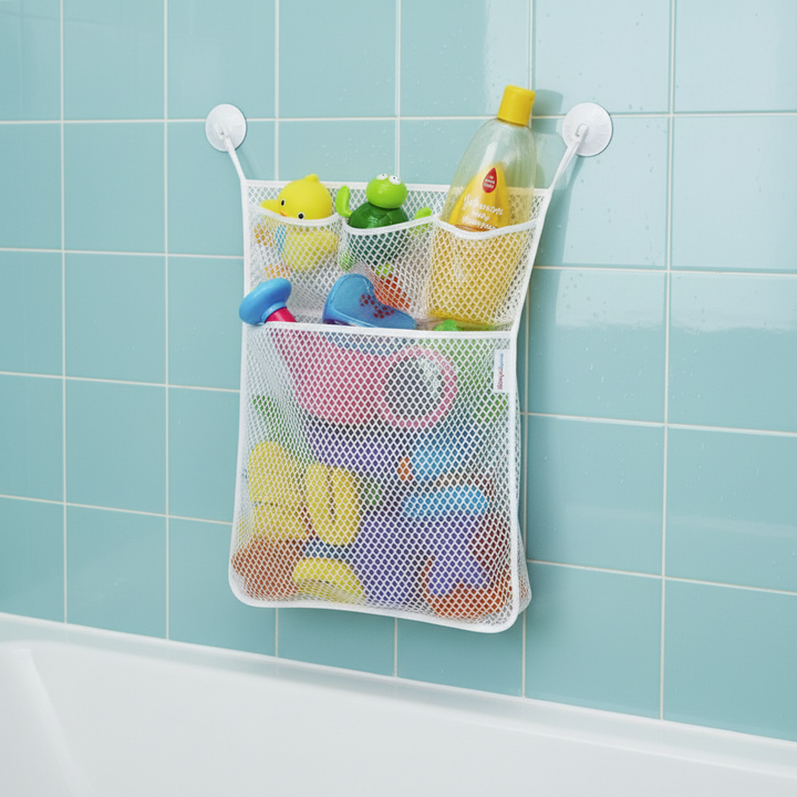White bath storage net holding toys and a bottle on a teal tiled wall