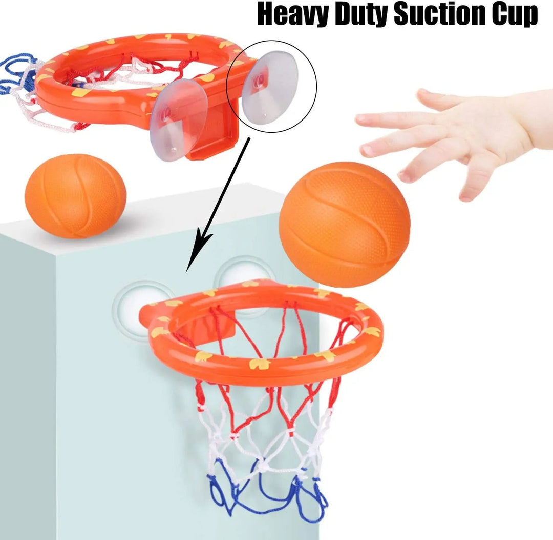 Suction-cup bath hoop shown mounted on a smooth surface with two orange balls
