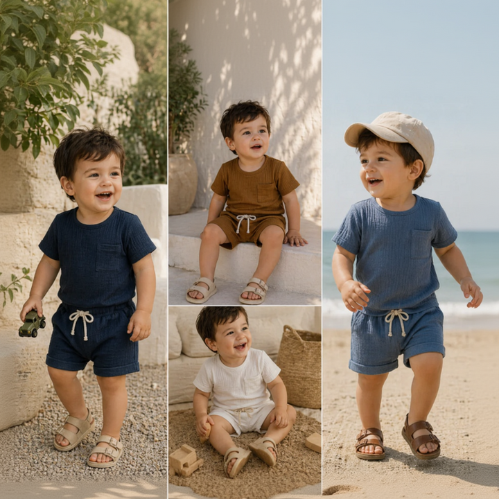 Children wearing navy blue, brown, blue, and white T-shirt and shorts sets outdoors.