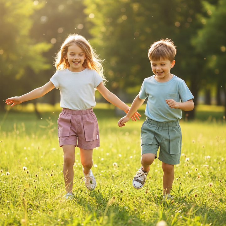 Two children running through grass in pink and sage green pocket shorts.