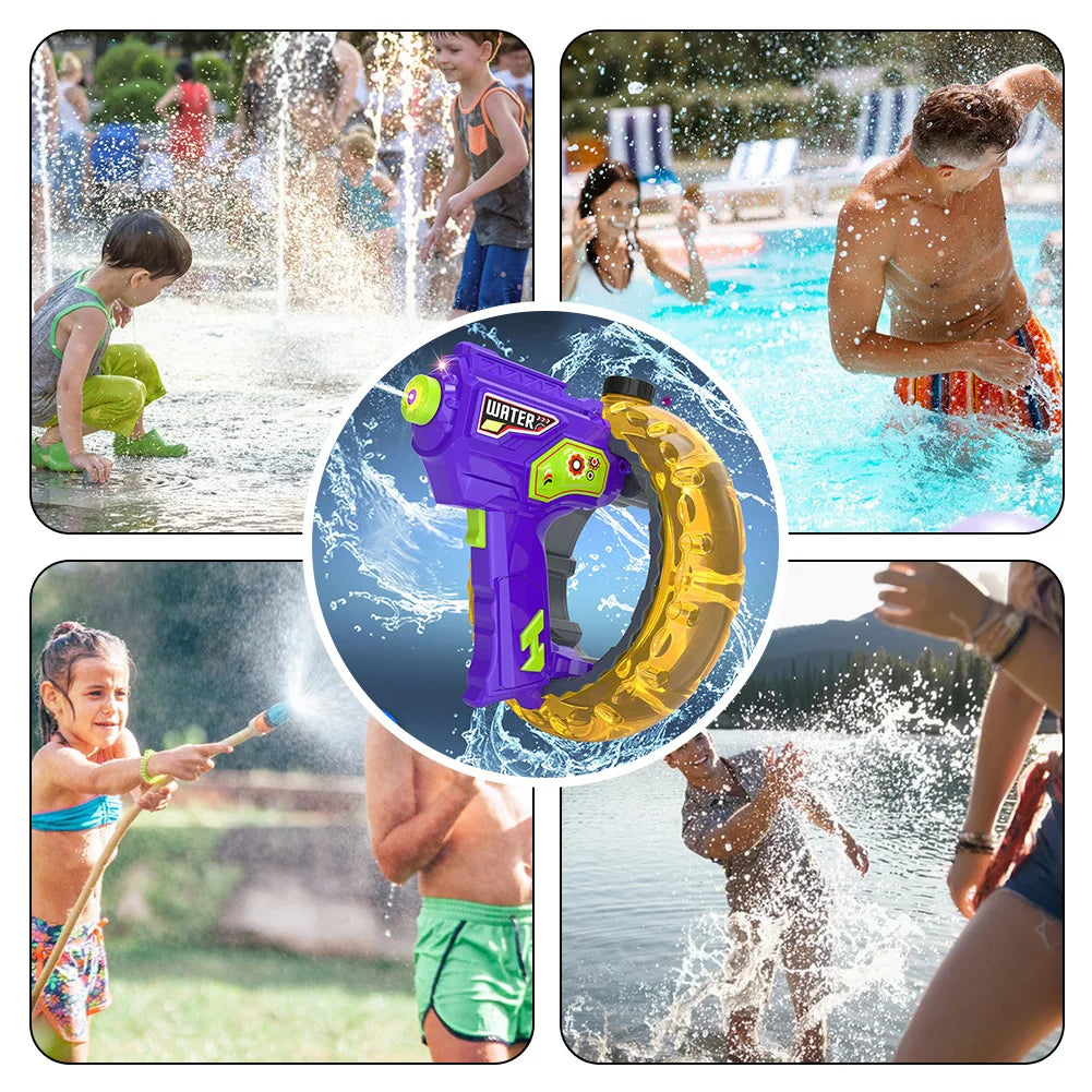 Outdoor water-play scenes with children and adults surrounding a purple and yellow water blaster