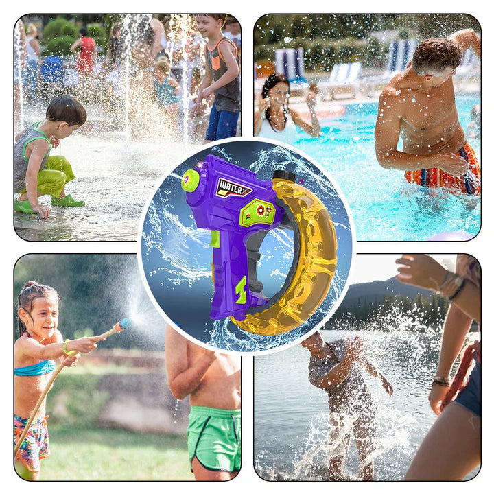 Outdoor water-play scenes with children and adults surrounding a purple and yellow water blaster