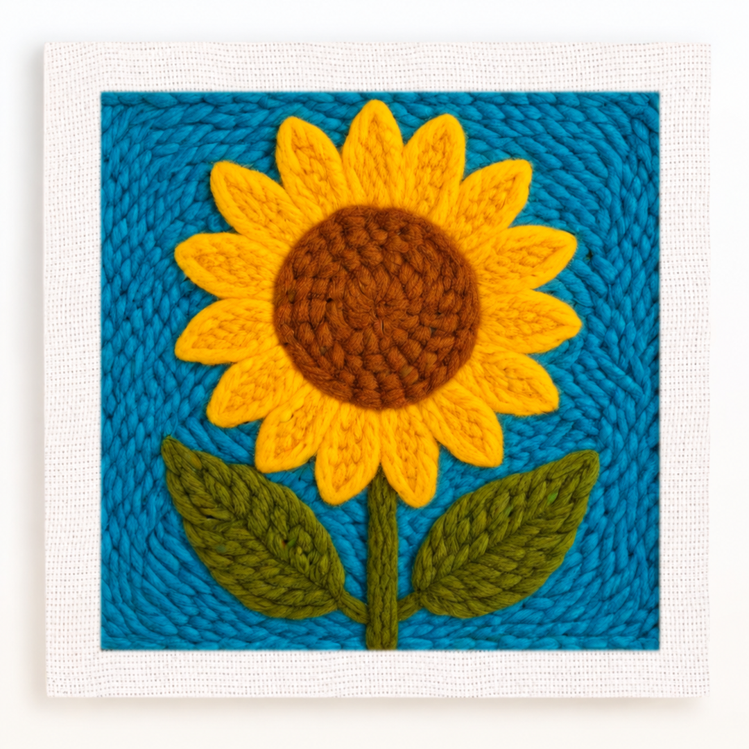 Yellow sunflower embroidery with green leaves on a bright blue background.