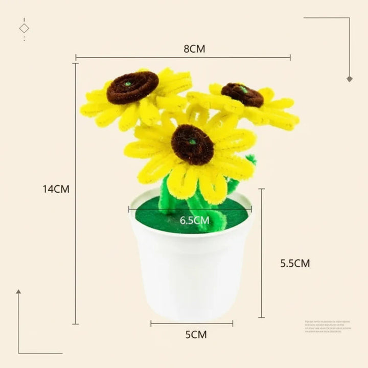 Sunflower measurement chart showing an approximately 8 cm wide and 14 cm tall finished arrangement