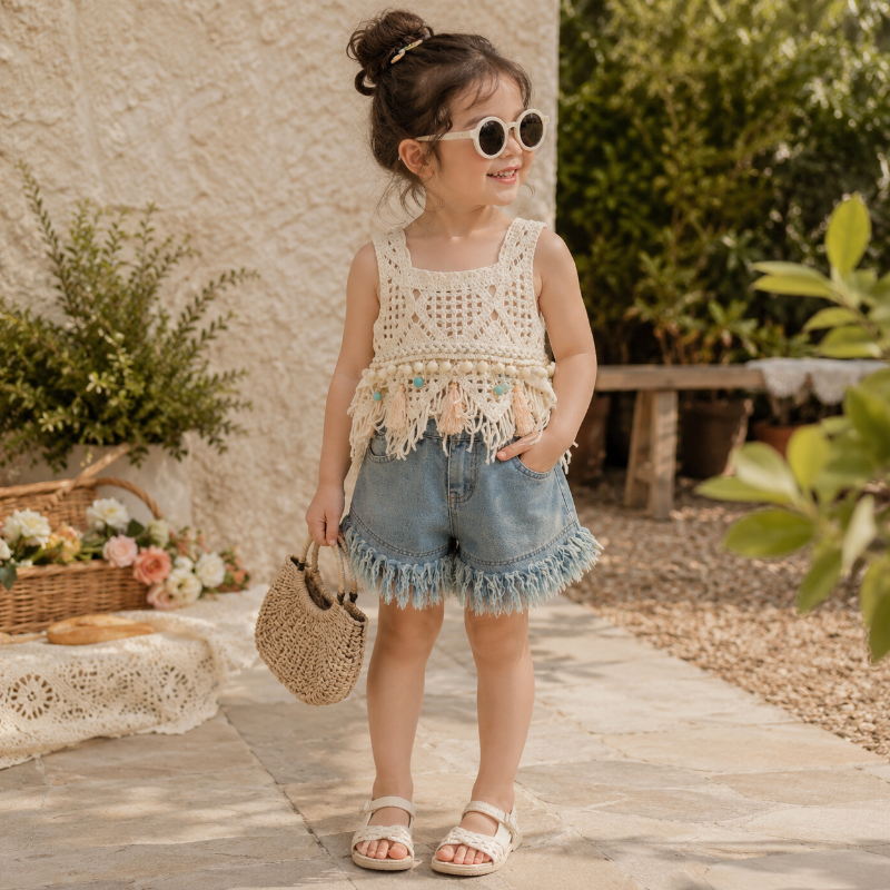 Child wearing a cream open-knit boho top and blue fringed denim shorts outdoors