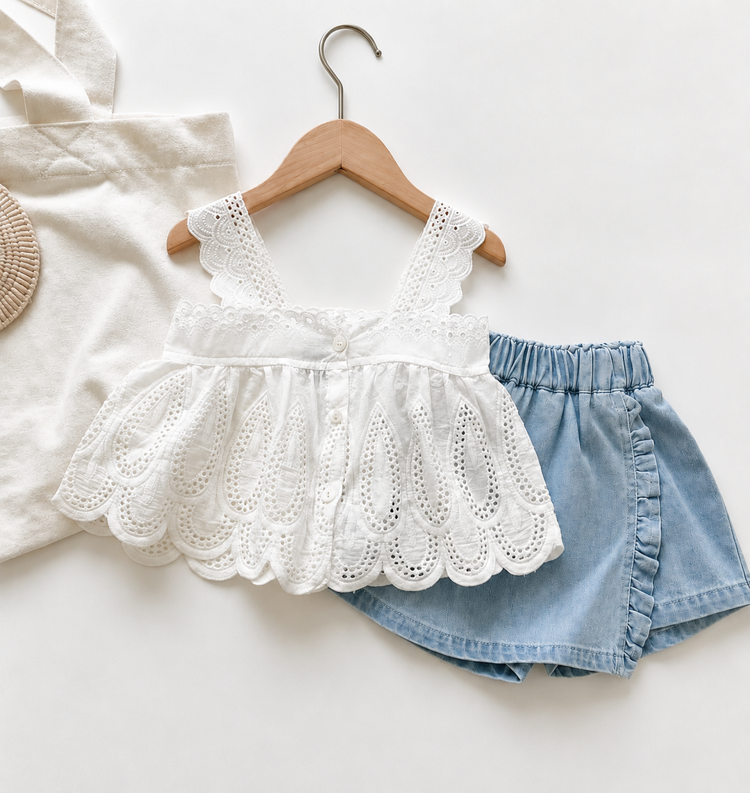 White lace blouse and blue denim skirt with ruffle trim arranged as a two-piece outfit
