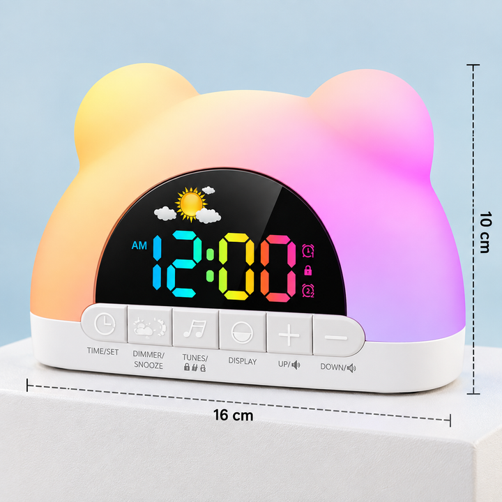 Rainbow-lit alarm clock with measurements showing 16 cm width and 10 cm height.