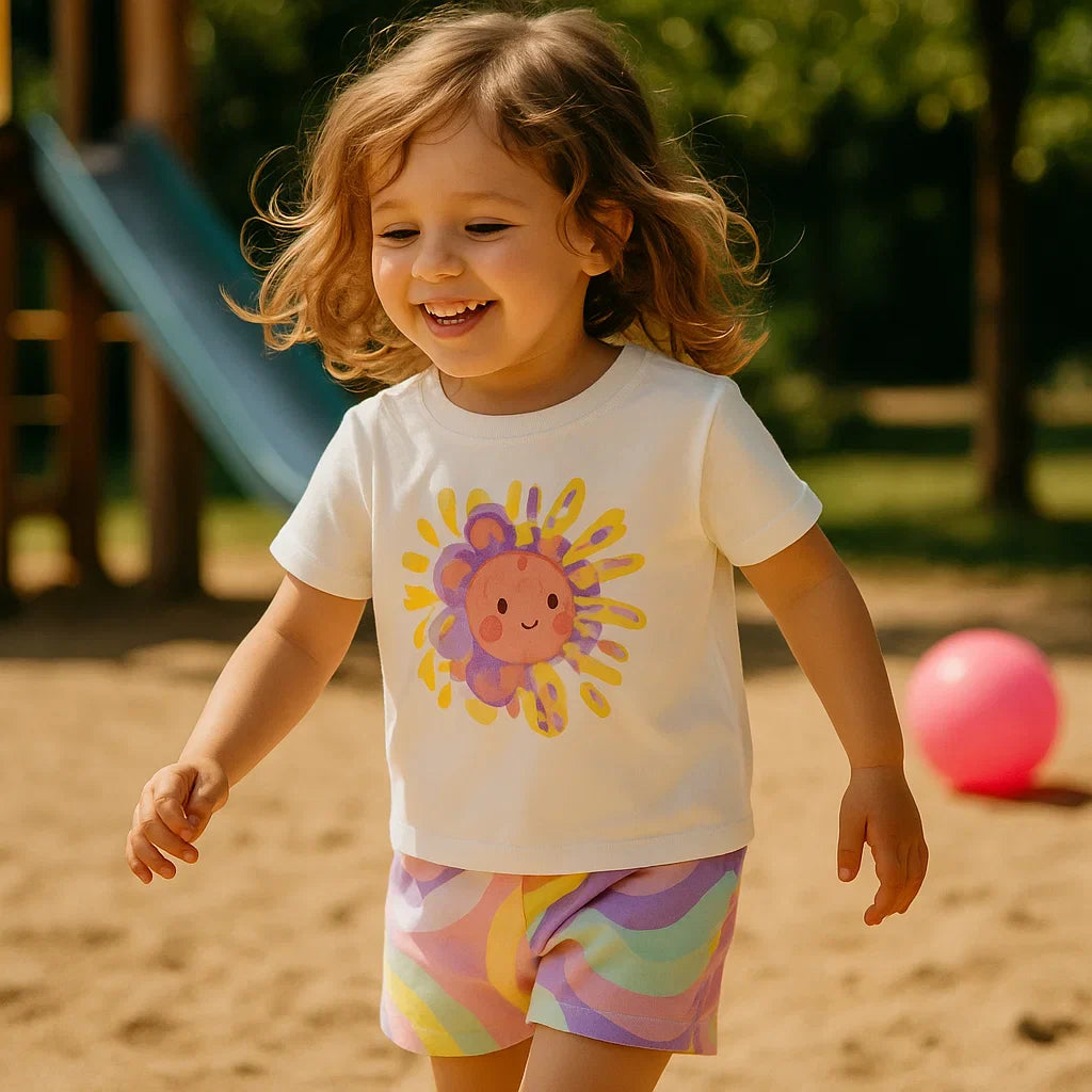 Child playing outdoors in a white sunshine-graphic T-shirt and colorful swirl shorts