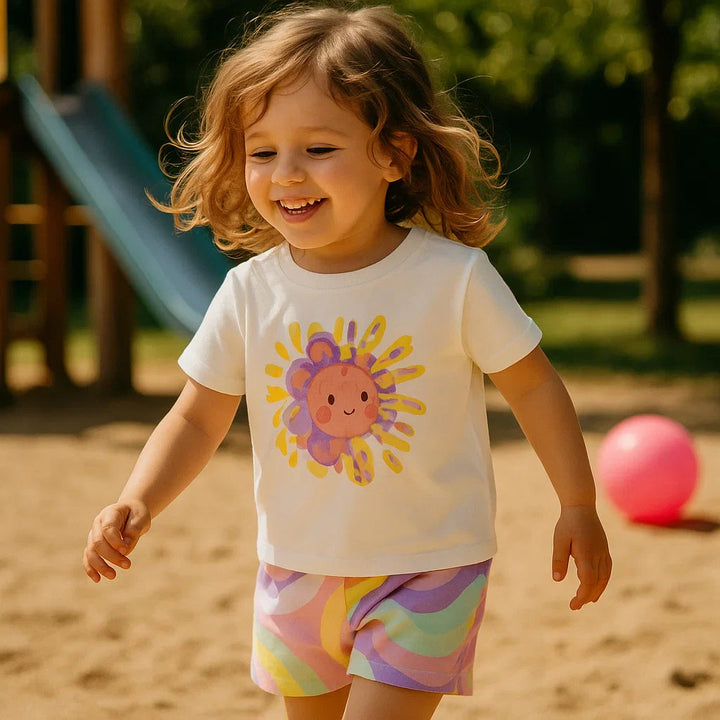 Child playing outdoors in a white sunshine-graphic T-shirt and colorful swirl shorts