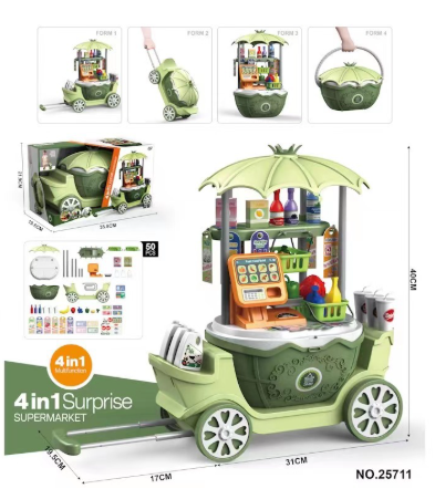 Green supermarket play cart with wheels, a toy cash register and pretend groceries