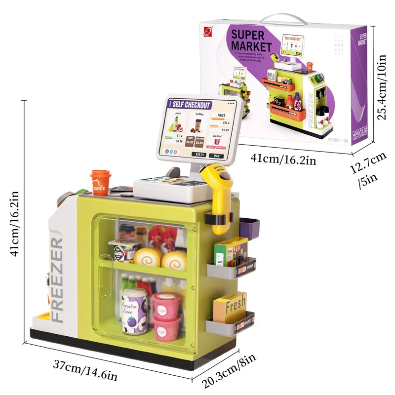 Supermarket play set with labeled toy and packaging dimensions
