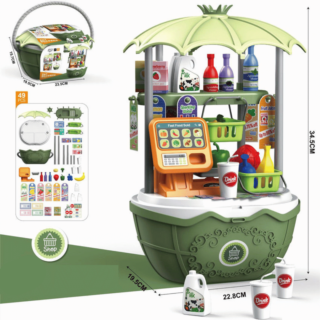Green supermarket play station without a trolley, with a toy register and grocery accessories