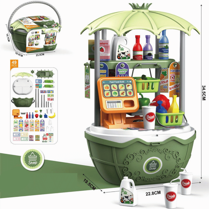 Green supermarket play station without a trolley, with a toy register and grocery accessories
