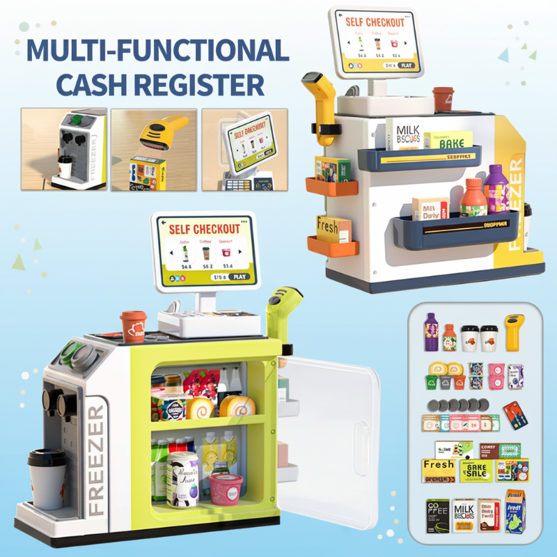 Supermarket play set shown from the front and back with a register, scanner and grocery accessories