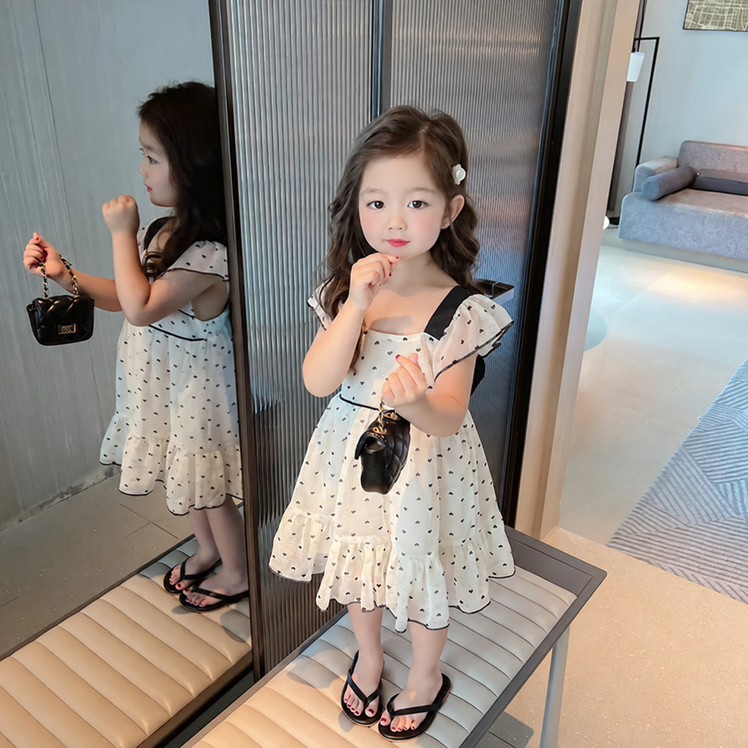 Girl wearing a cream heart-print dress with ruffled shoulders and black waist trim