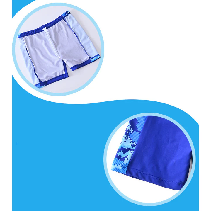 Close-up views of the swim shorts and the blue shirt&