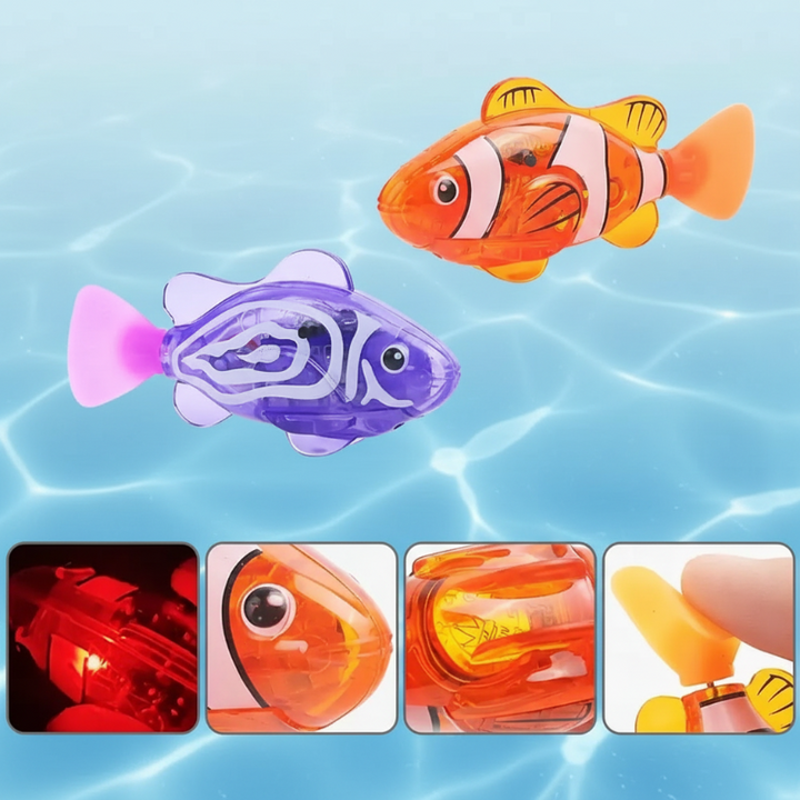 Orange and purple fish toys with close-ups of the LED light, body, and flexible tail
