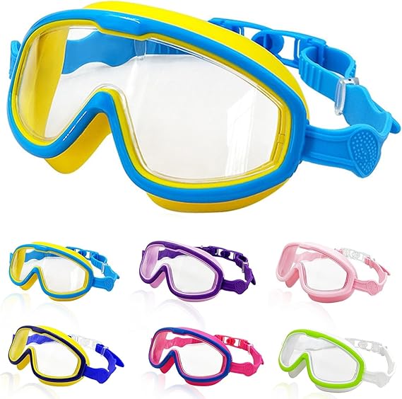 Light blue and yellow goggles above a selection of colorful swimming goggles