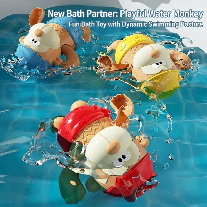 Blue, yellow and red monkey bath toys shown swimming in water