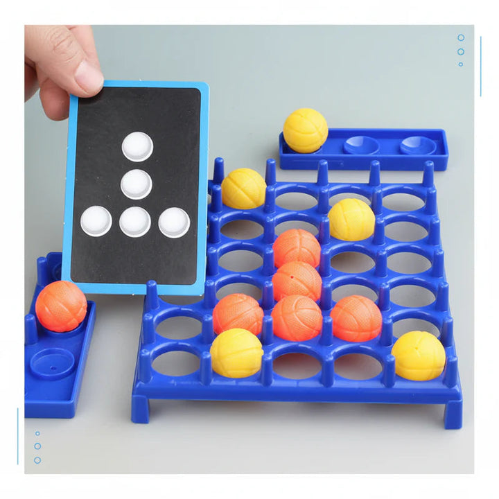 Challenge card with a T-shaped pattern beside yellow and orange balls on the board