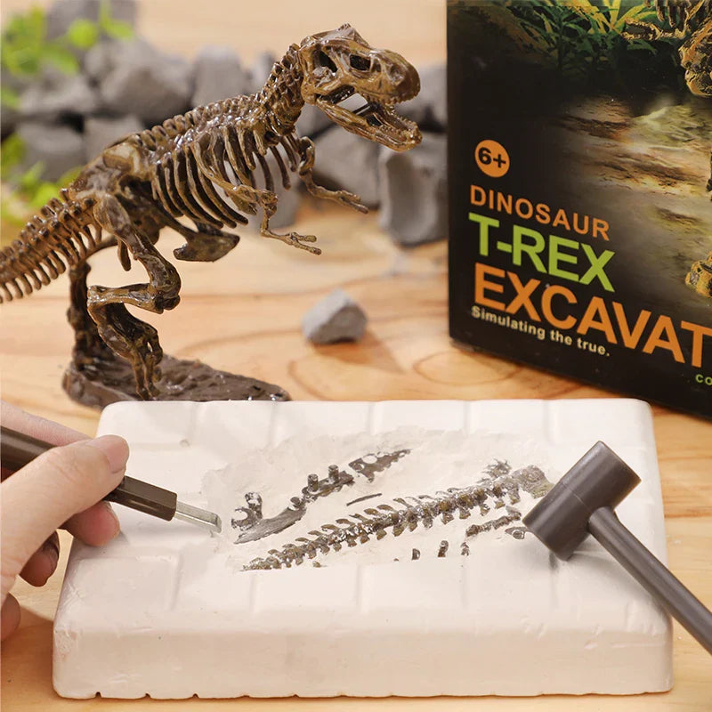 T. rex skeleton model beside a plaster excavation block with exposed bones and digging tools
