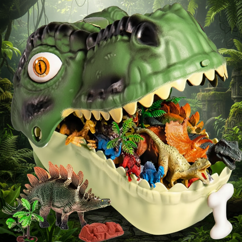 Open green T-Rex head storage case filled with dinosaur figures and prehistoric accessories.