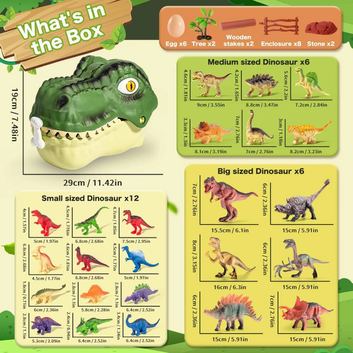 Contents chart showing the T-Rex head case, 24 dinosaur figures, accessories, and measurements.