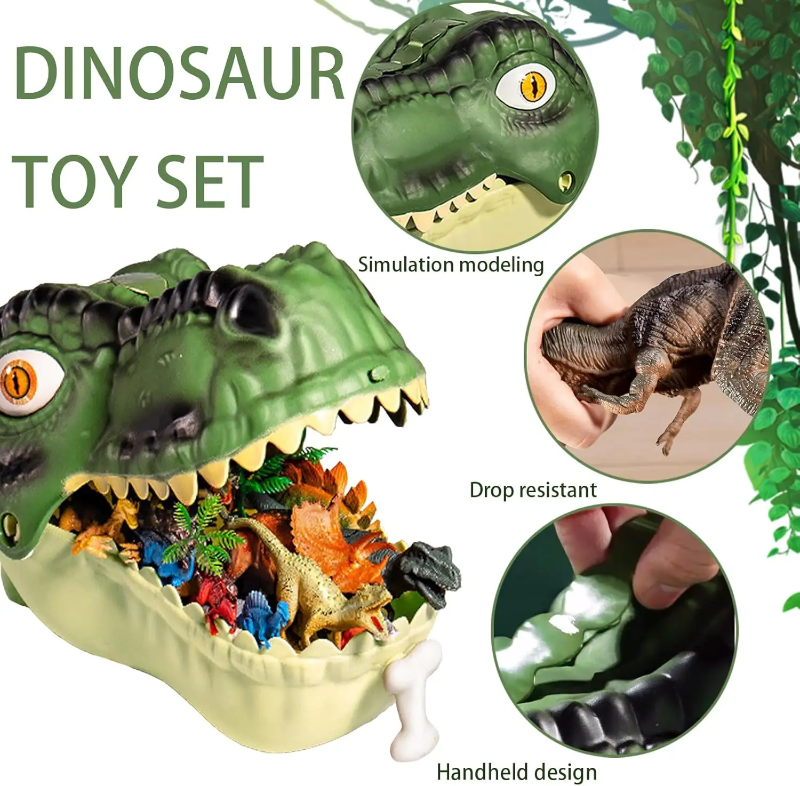 T-Rex head playset with close-ups of the sculpted head, dinosaur figure, and carrying handle.