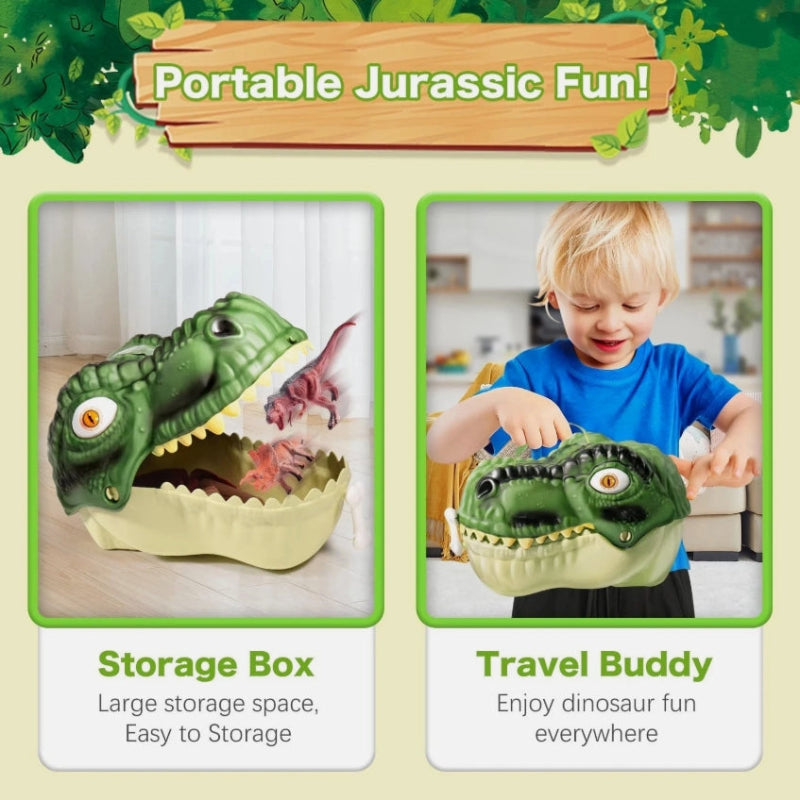 Open T-Rex head storage case beside a child carrying the closed case by its handle.
