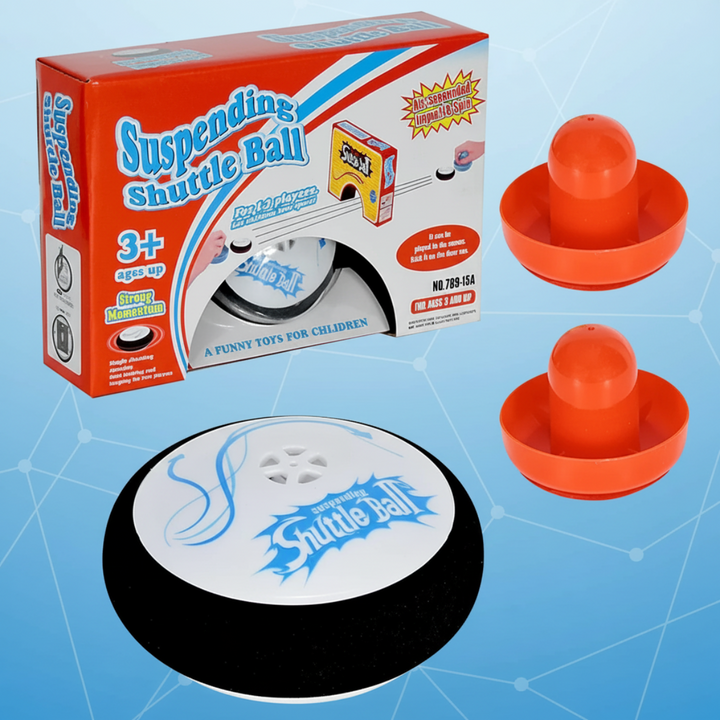 Tabletop air hockey set with two orange paddles, a black-and-white puck, and retail box
