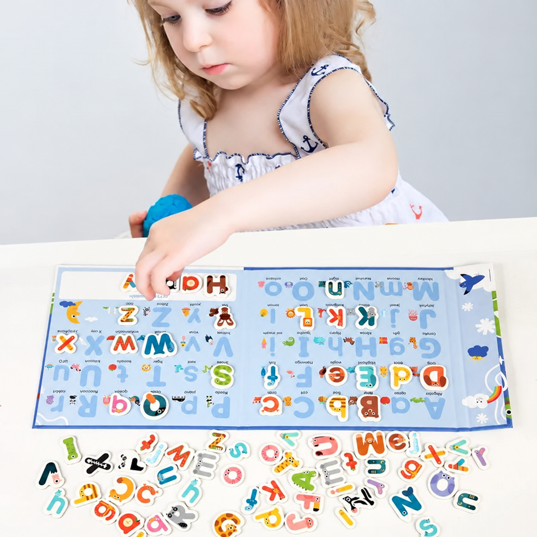 Child arranging letter pieces on a magnetic alphabet board at a table