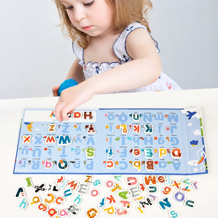 Child arranging letter pieces on a magnetic alphabet board at a table