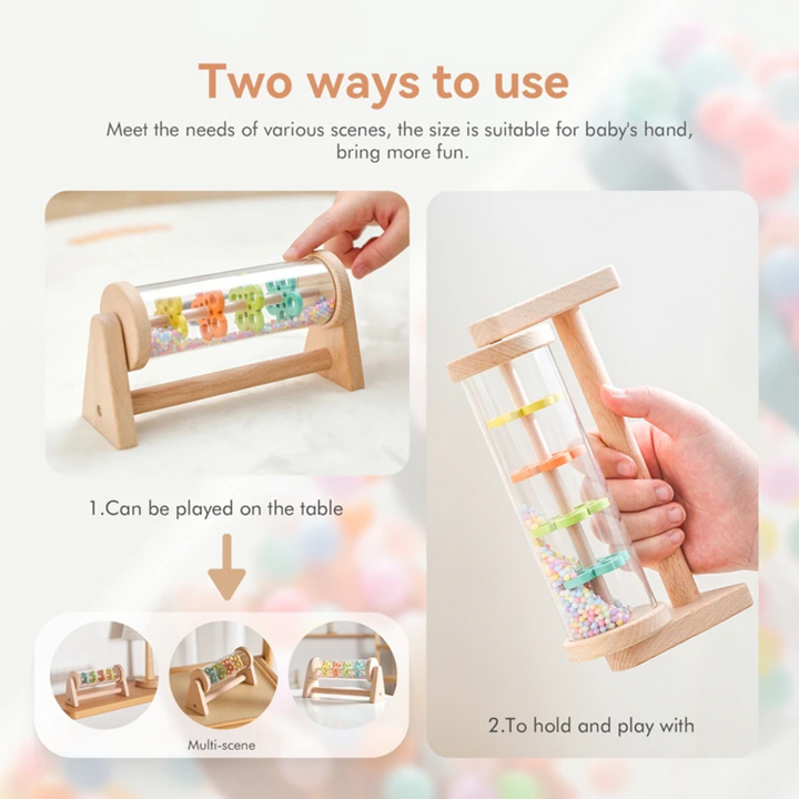 Wooden rain toy shown on a tabletop and held upright by its wooden frame.