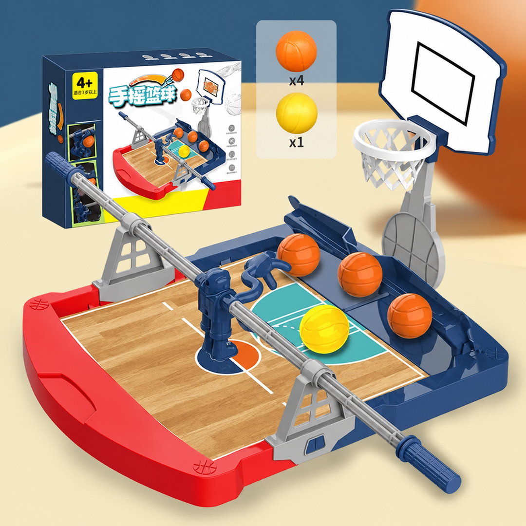 Red and blue tabletop basketball game with packaging and graphics showing four orange balls and one yellow ball