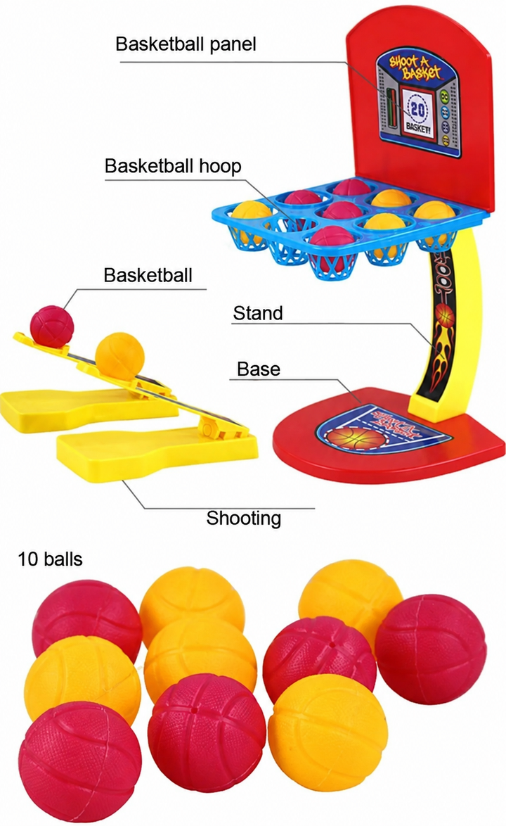 Tabletop basketball set with a red stand, blue basket grid, two yellow launchers, and 10 red and yellow balls