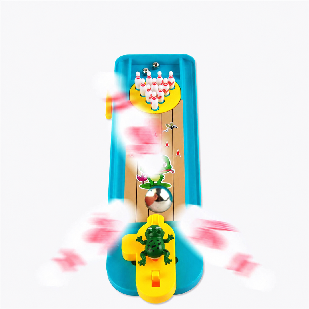 Top-down view of the bowling lane with a frog launcher and illustrated motion effects