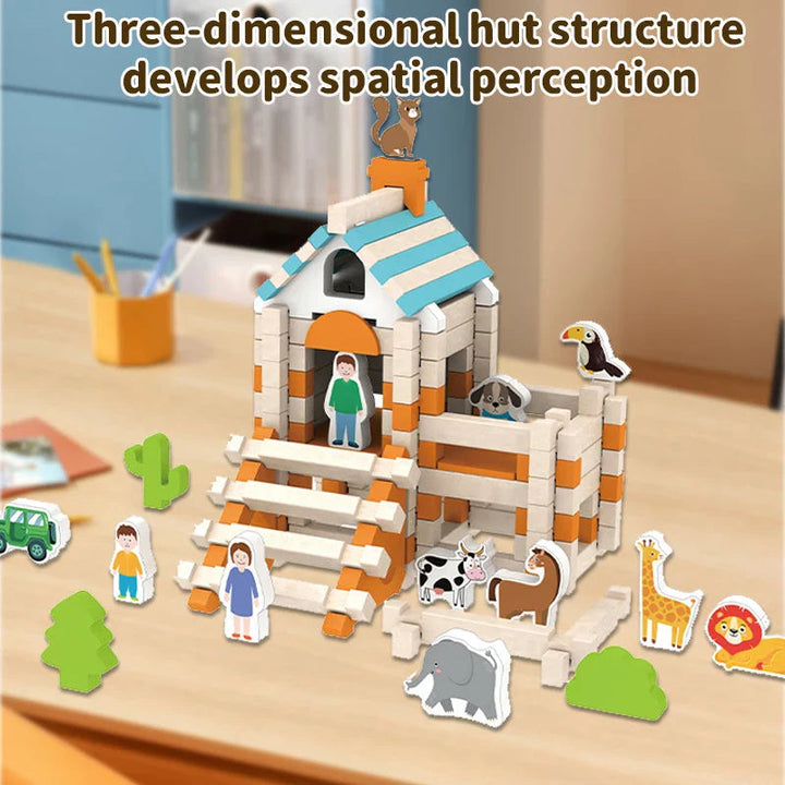 Block-built house with turquoise roof stripes, stairs, and people and animal figures