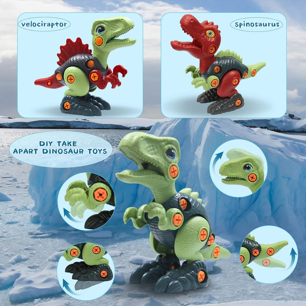 Green and red take-apart dinosaurs with screw-fastened body parts and illustrated assembly details