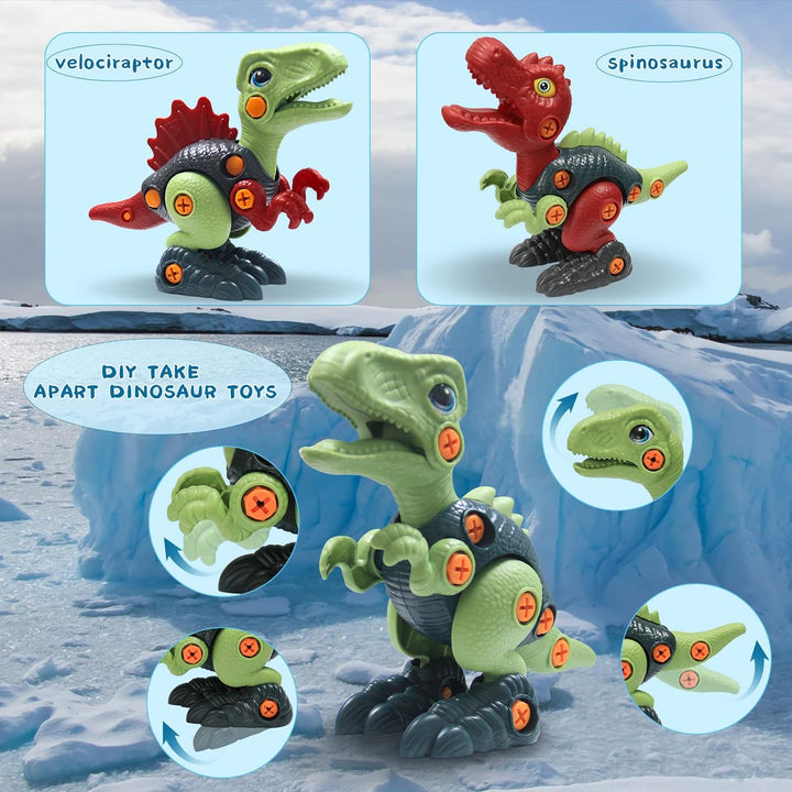 Green and red take-apart dinosaurs with screw-fastened body parts and illustrated assembly details