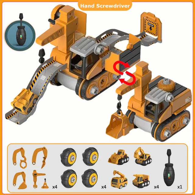 Construction building set with a hand screwdriver, interchangeable arm parts, wheels, and small vehicles