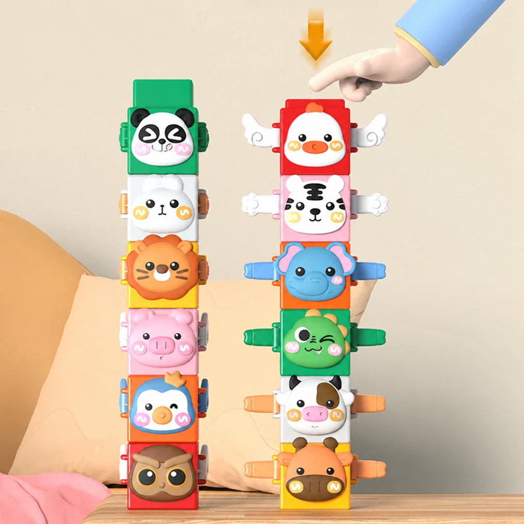Two tall towers of animal blocks with a hand pointing toward the top of one stack.