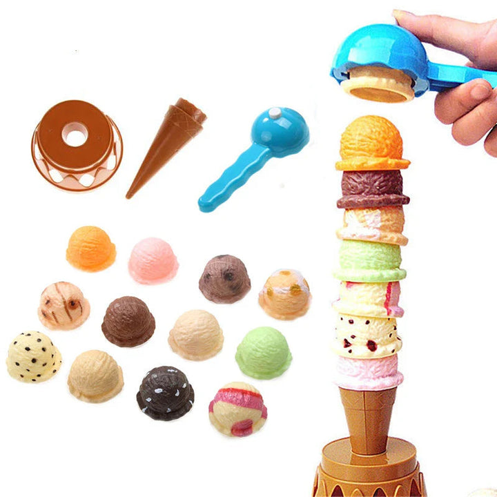Tall ice cream tower with colorful stacking pieces, cone, stand, and blue scoop shown alongside