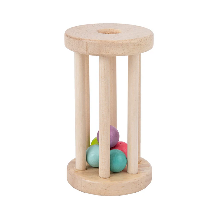 Tall wooden cage rattle containing multicolored balls