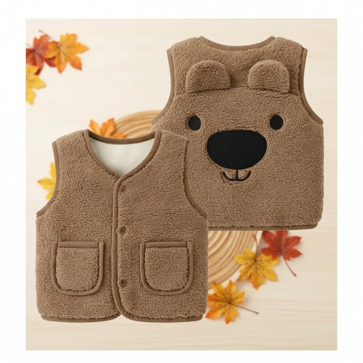 Tan bear fleece vest shown from the front and back beside autumn leaves.