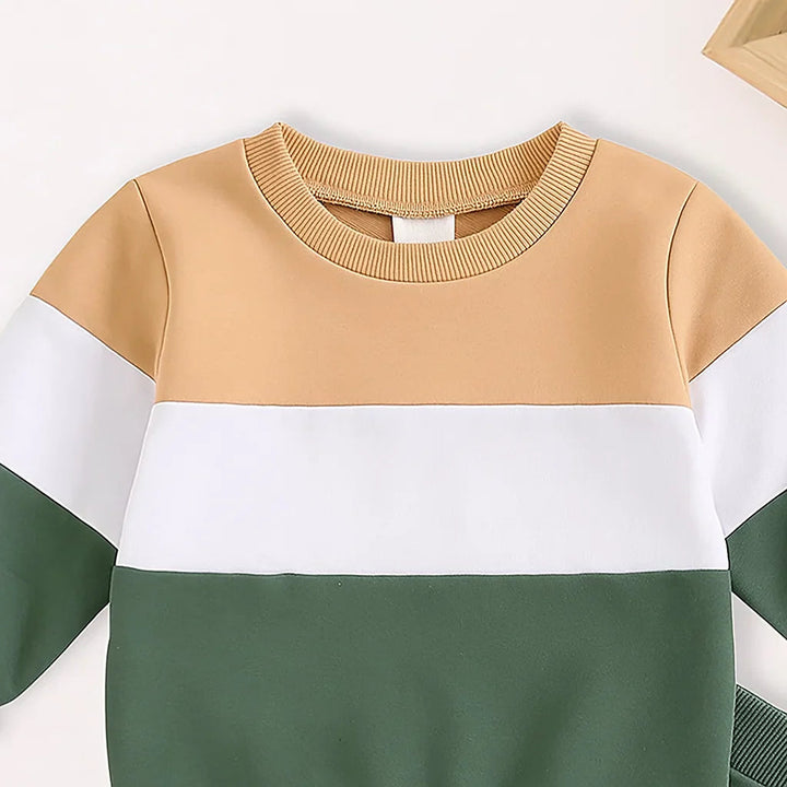 Crewneck sweatshirt with tan shoulders, a white chest stripe and a green lower panel