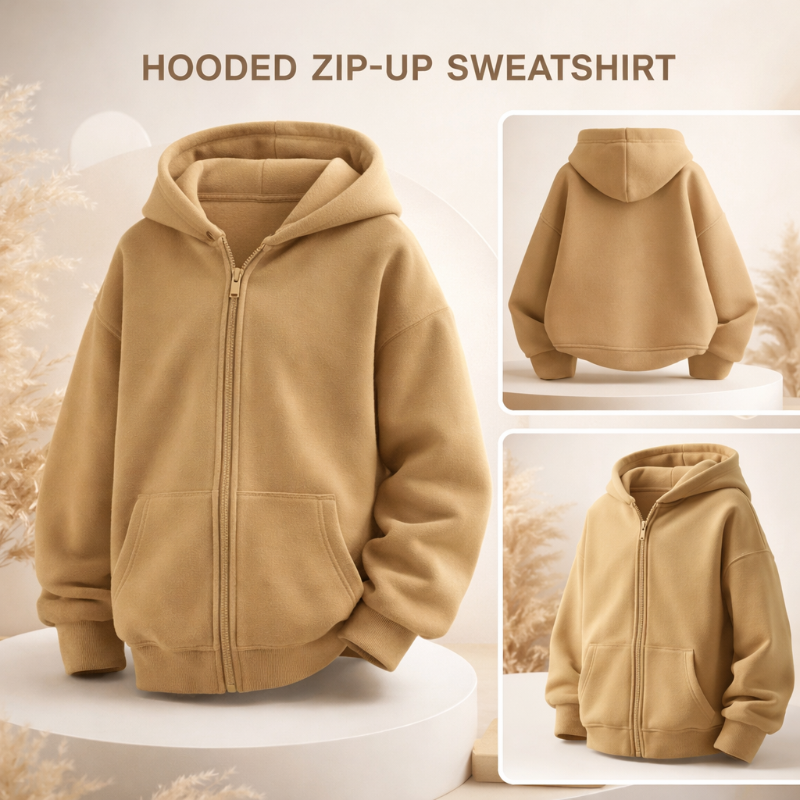 Tan hooded zip-up sweatshirt shown from the front, back, and side.