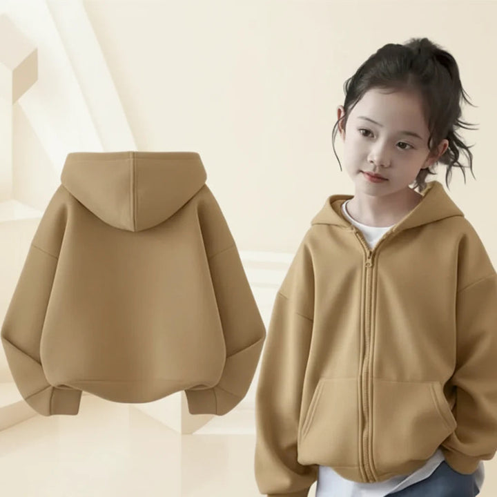 Child wearing a tan zip-up hoodie beside a back view with long sleeves and a hood.