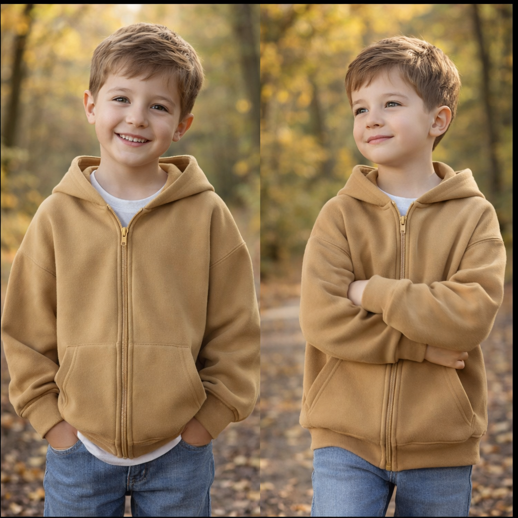 Child in a tan zip-up hoodie outdoors, with hands in pockets and arms folded.